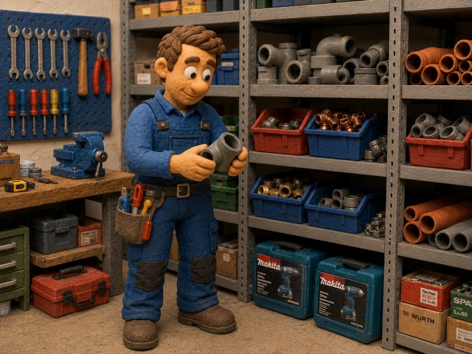 Handwerksmaterial mit Boxen und Werkzeugen