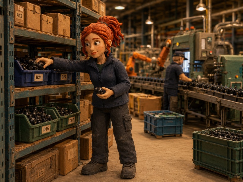 Produktionslager mit Regalen und Materialboxen